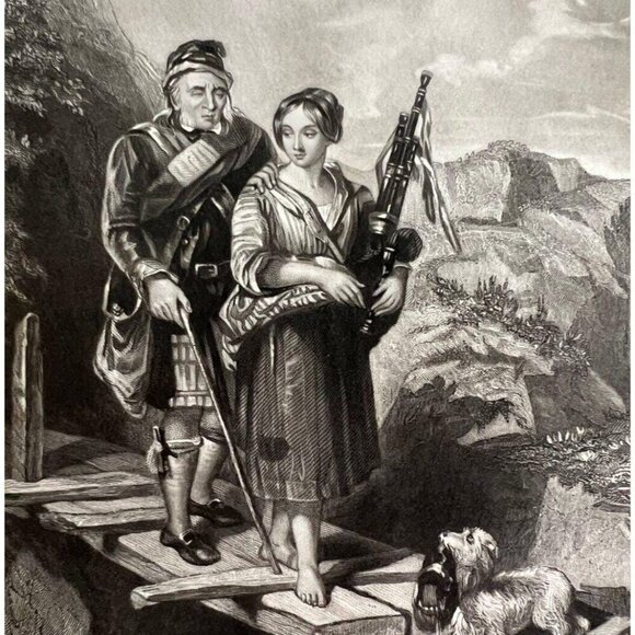 Other - Blind Piper Scottish Bagpipes Engraving 1859 Victorian Highlands Music Art DWY5G